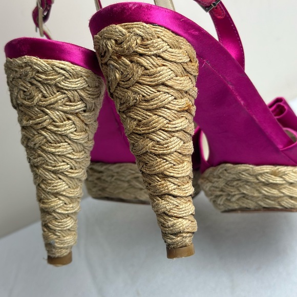 STUART WEITZMAN Fuchsia hot pink satin BOW espadrilles heels size 8.5 coquette - Picture 7 of 15